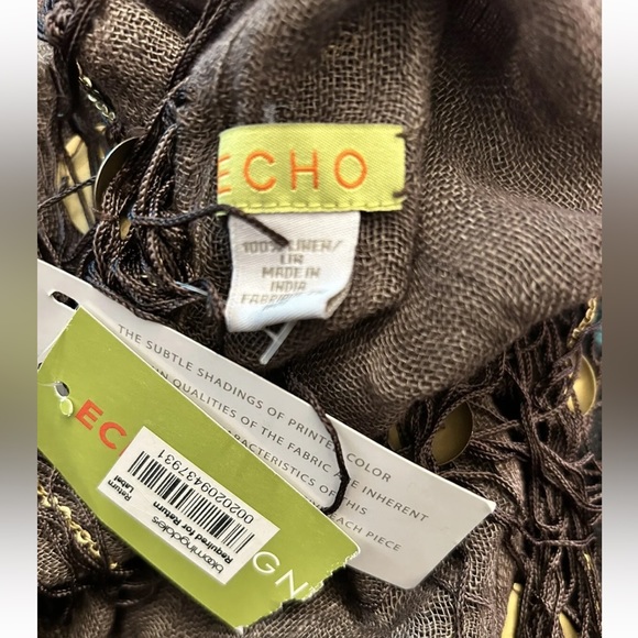 NWT ECHO 100% LINEN DARK BROWN FRINGE METAL BOHO SCARF - SQUARE - 43"X43" NEW - Picture 12 of 12